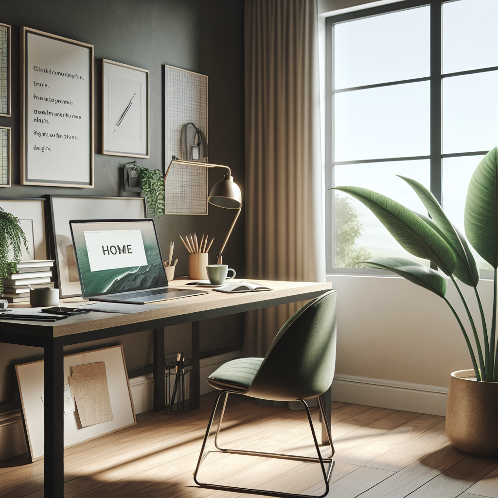 A cozy home office with a modern desk, laptop, coffee, and framed posters.