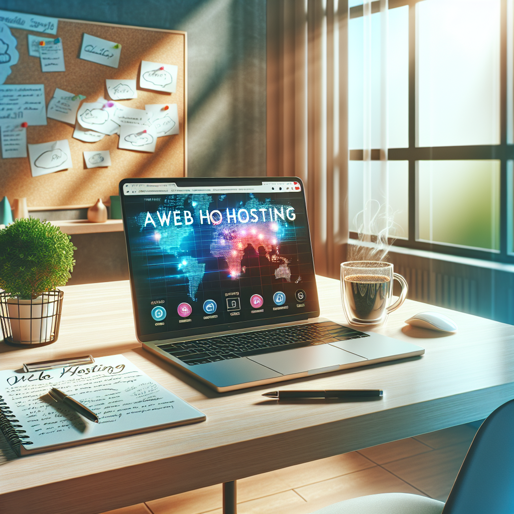 An office workspace representing affordable web hosting with a laptop, notes, and a cup of coffee.