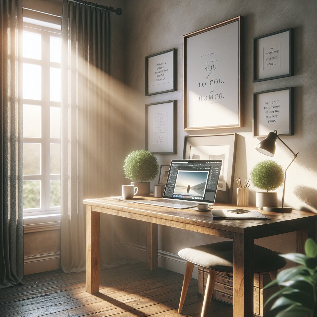 A cozy home office setup with a wooden desk, modern laptop, notepad, coffee cup, and a potted plant.