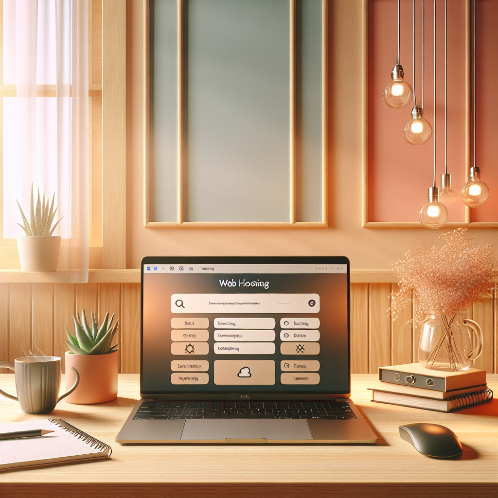 A beginner's workspace for web hosting with a laptop, notepad, and coffee.