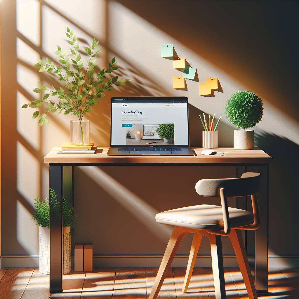 A cozy workspace for beginners exploring web hosting, featuring a laptop, sticky notes, and a potted plant.