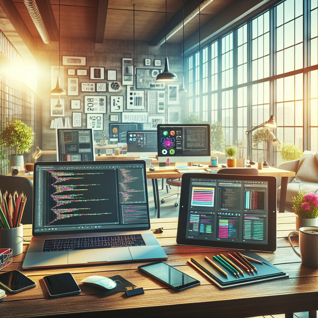 A vibrant workspace for web developers with a laptop, tablet, and design tools.