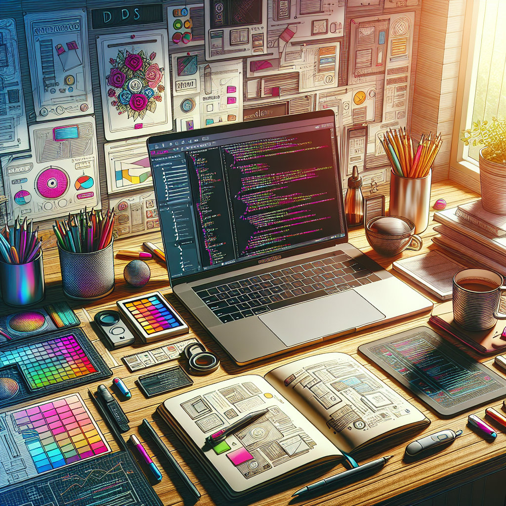 Modern workspace with a laptop, design tools, coffee cup, and notepad.