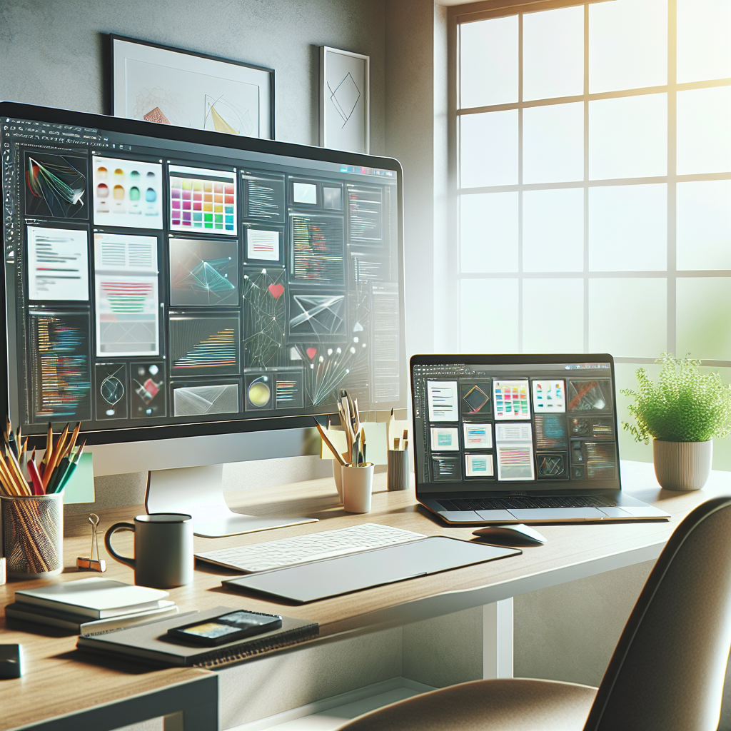 A modern workspace for web developers with dual monitors, a laptop, a small plant, and natural light.