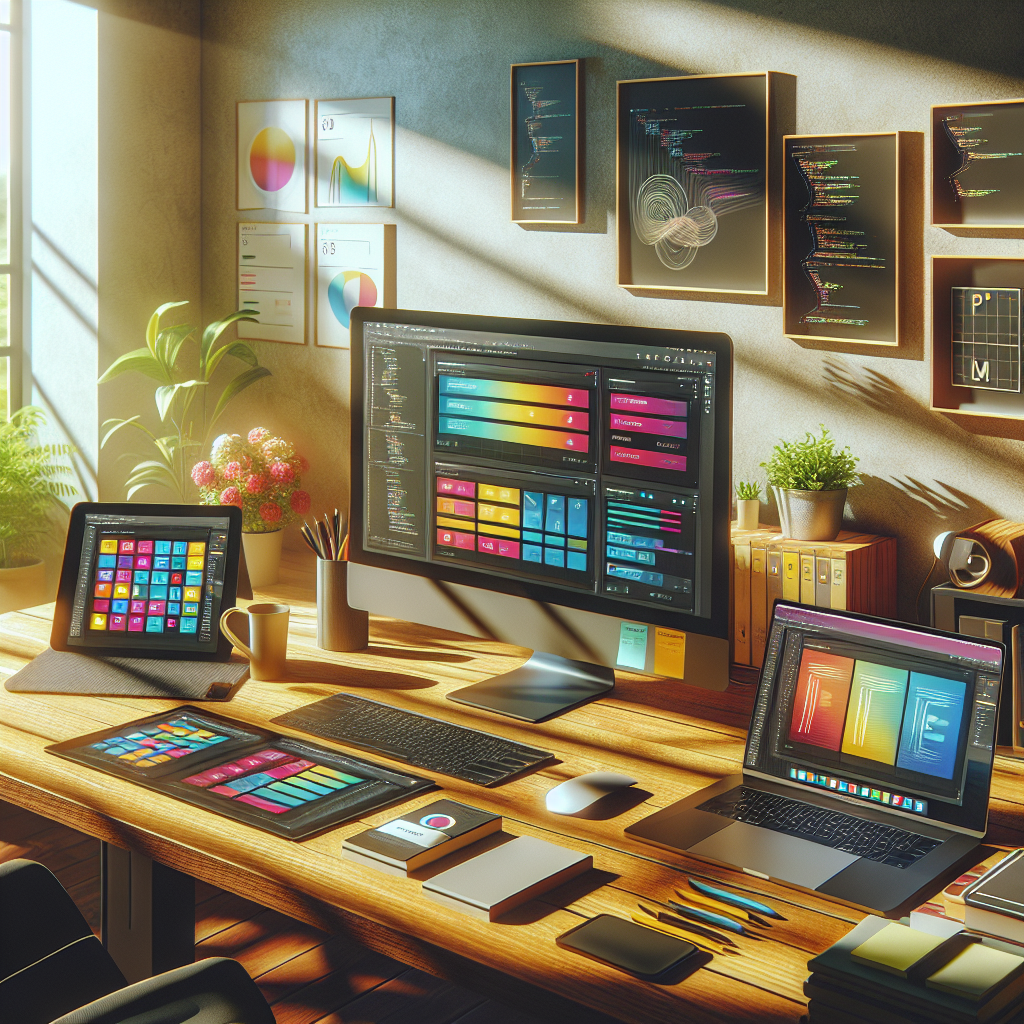 A web developer's workspace with design tools on a computer screen.