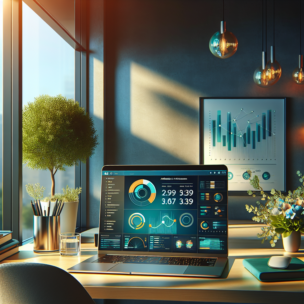A modern office desk with a laptop showing hosting control panels, plants around, and warm lighting.