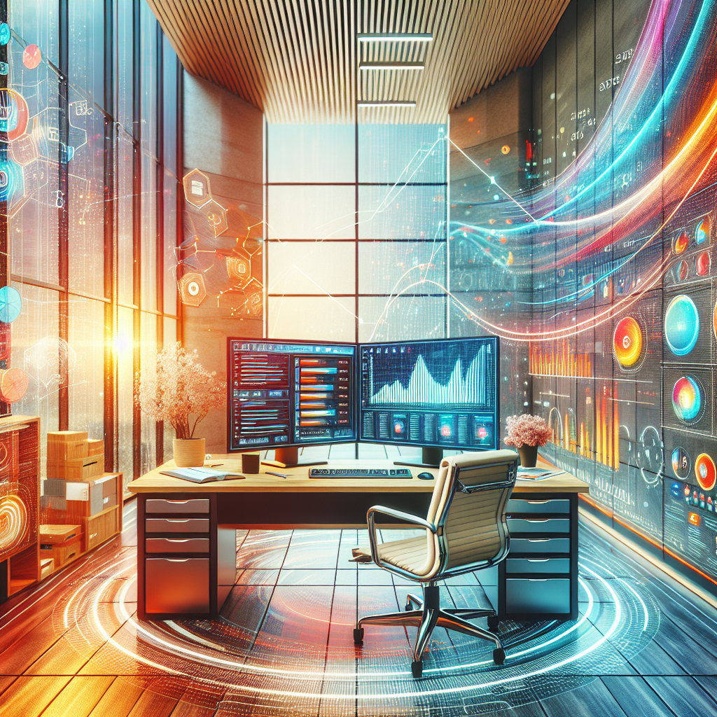 An office space showcasing a sleek computer workstation with a control panel on the screen, illustrating low-cost web hosting services.