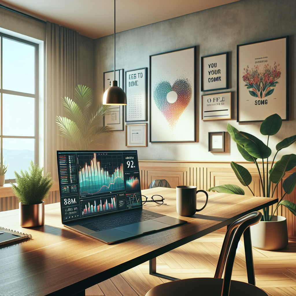 A modern home office with a laptop, charts, and a coffee mug.