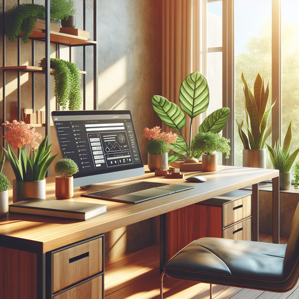 A modern workspace with a laptop and indoor plants, depicting a productive environment.