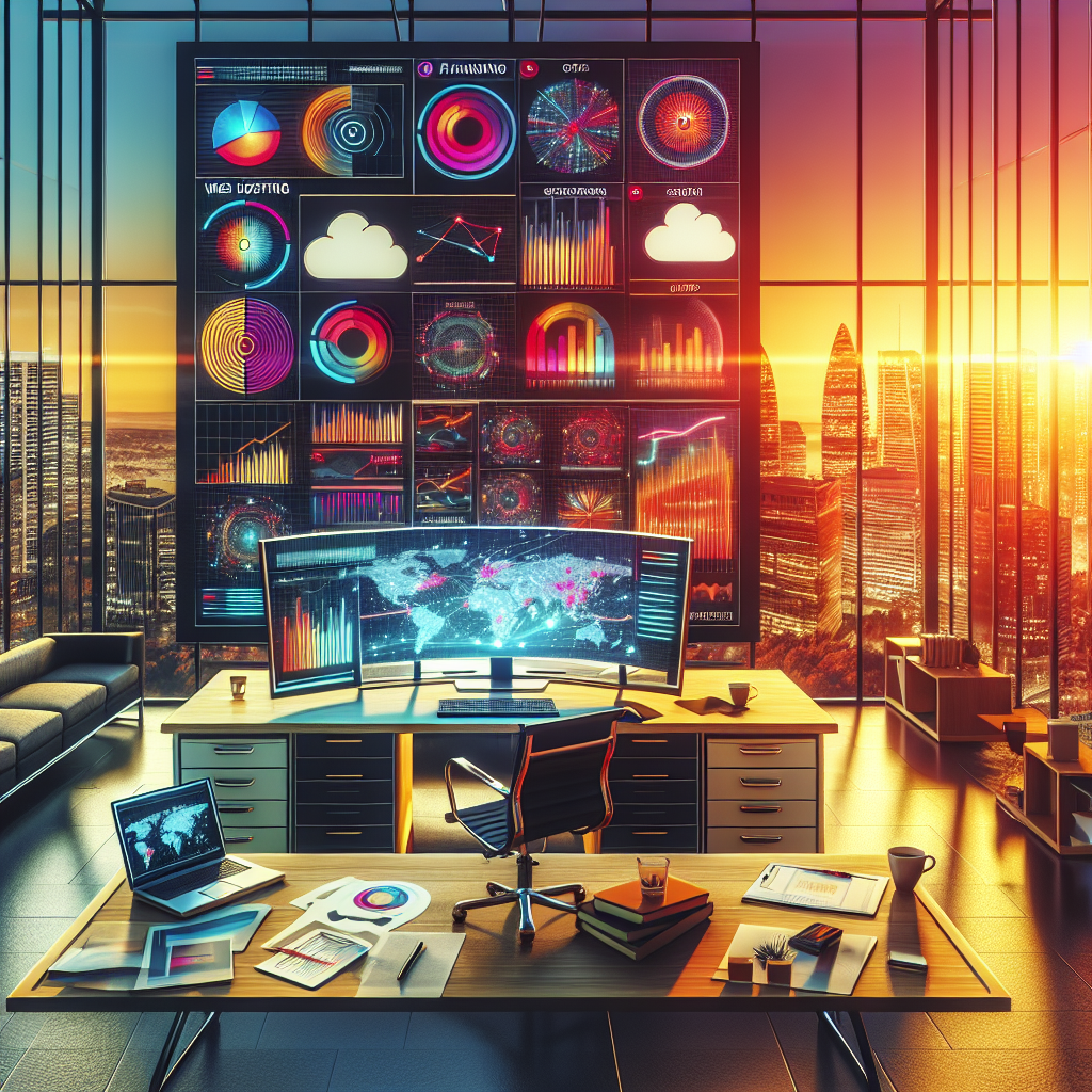 A modern office with a computer displaying web hosting plans, a laptop, and a sunset view.