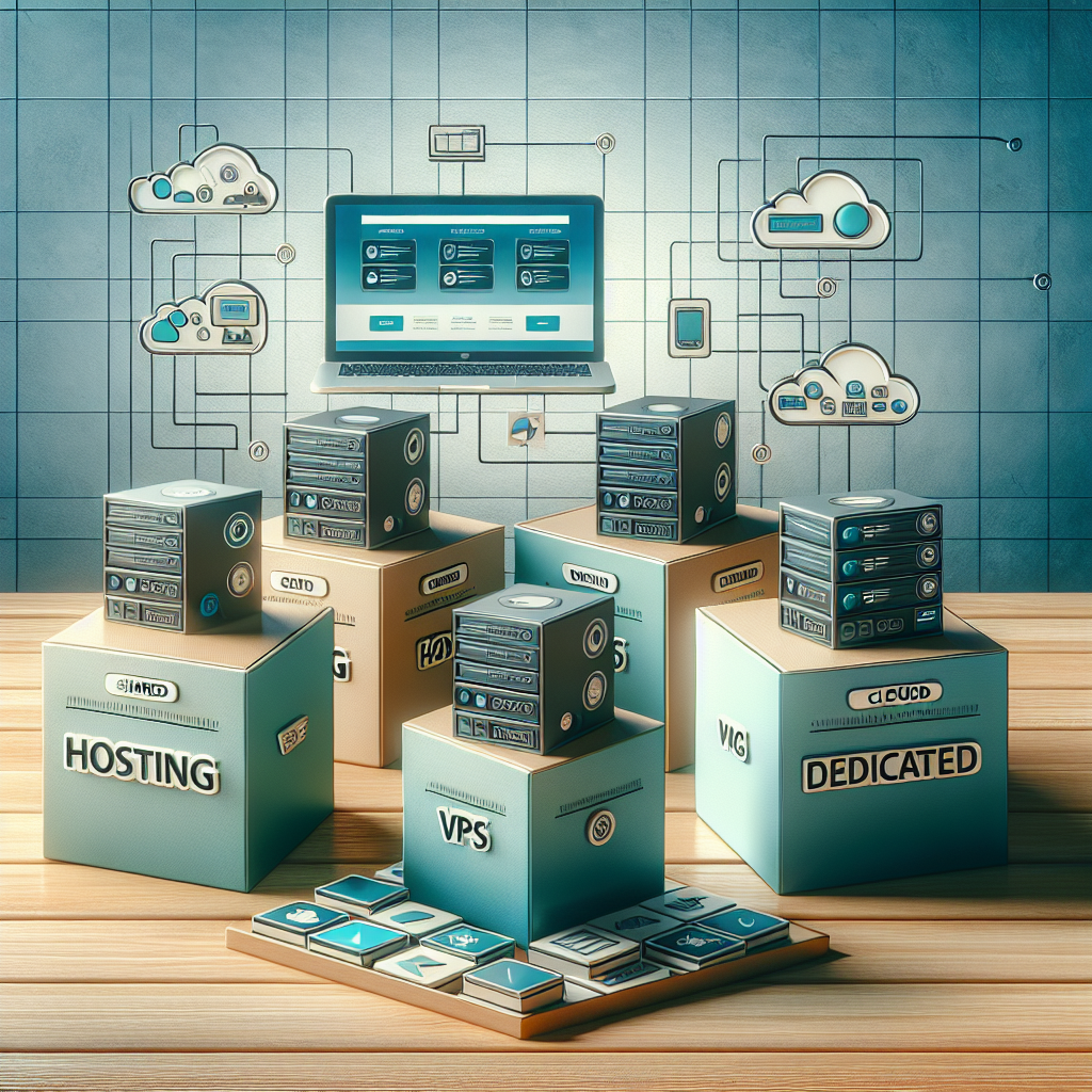 Various web hosting service types represented by boxes on a wooden desk, with a laptop in the background.