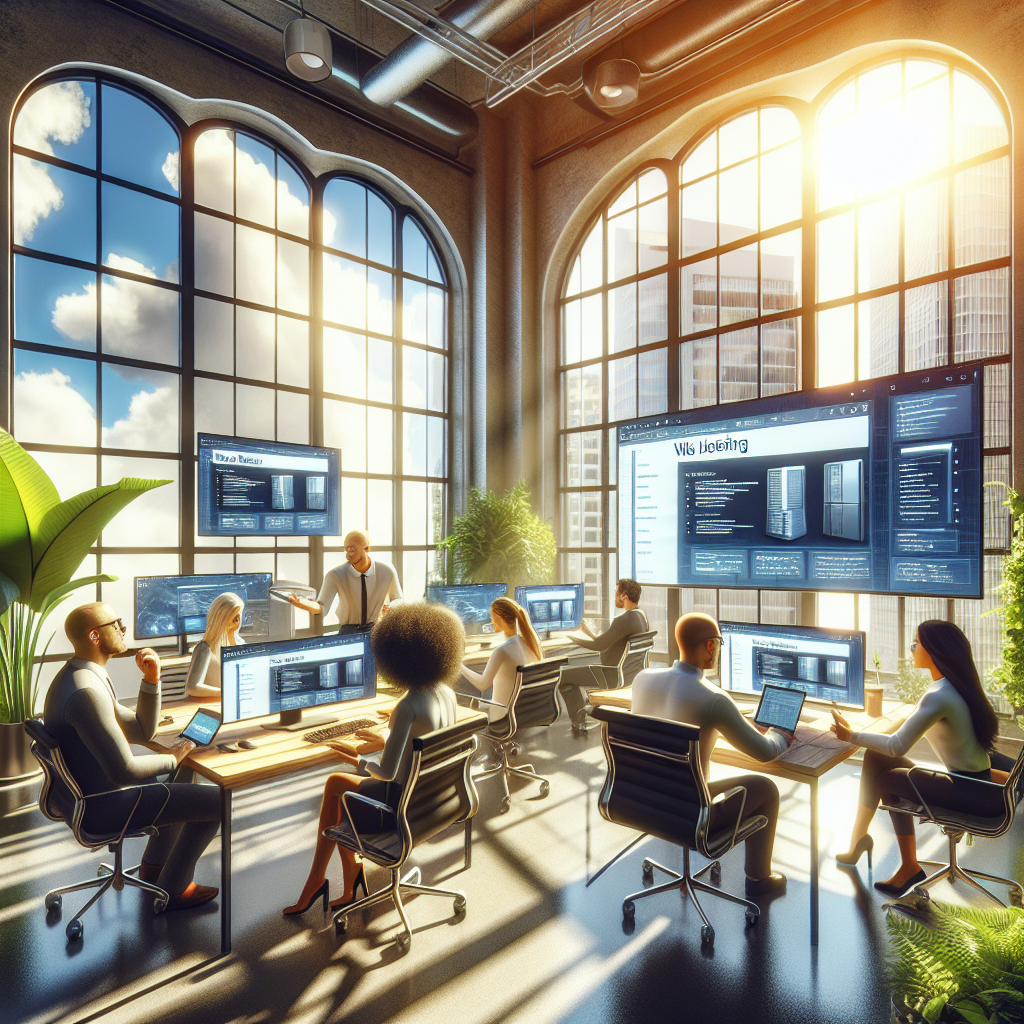 A diverse group of individuals analyzing web hosting options in a sunny office environment.