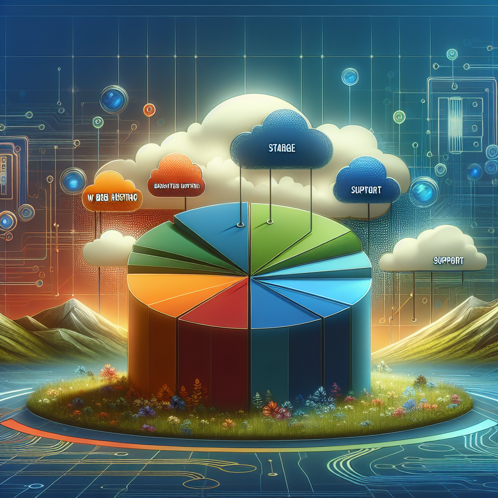 An illustration of a vibrant pie chart representing web hosting services types and features in a digital landscape.
