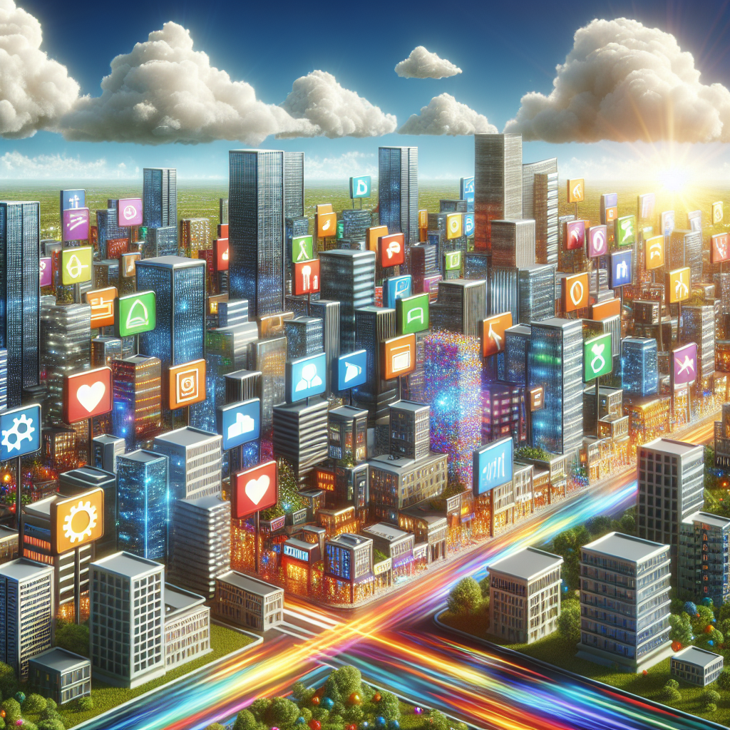 A vibrant digital marketplace illustrating web hosting services with modern buildings and colorful icons.