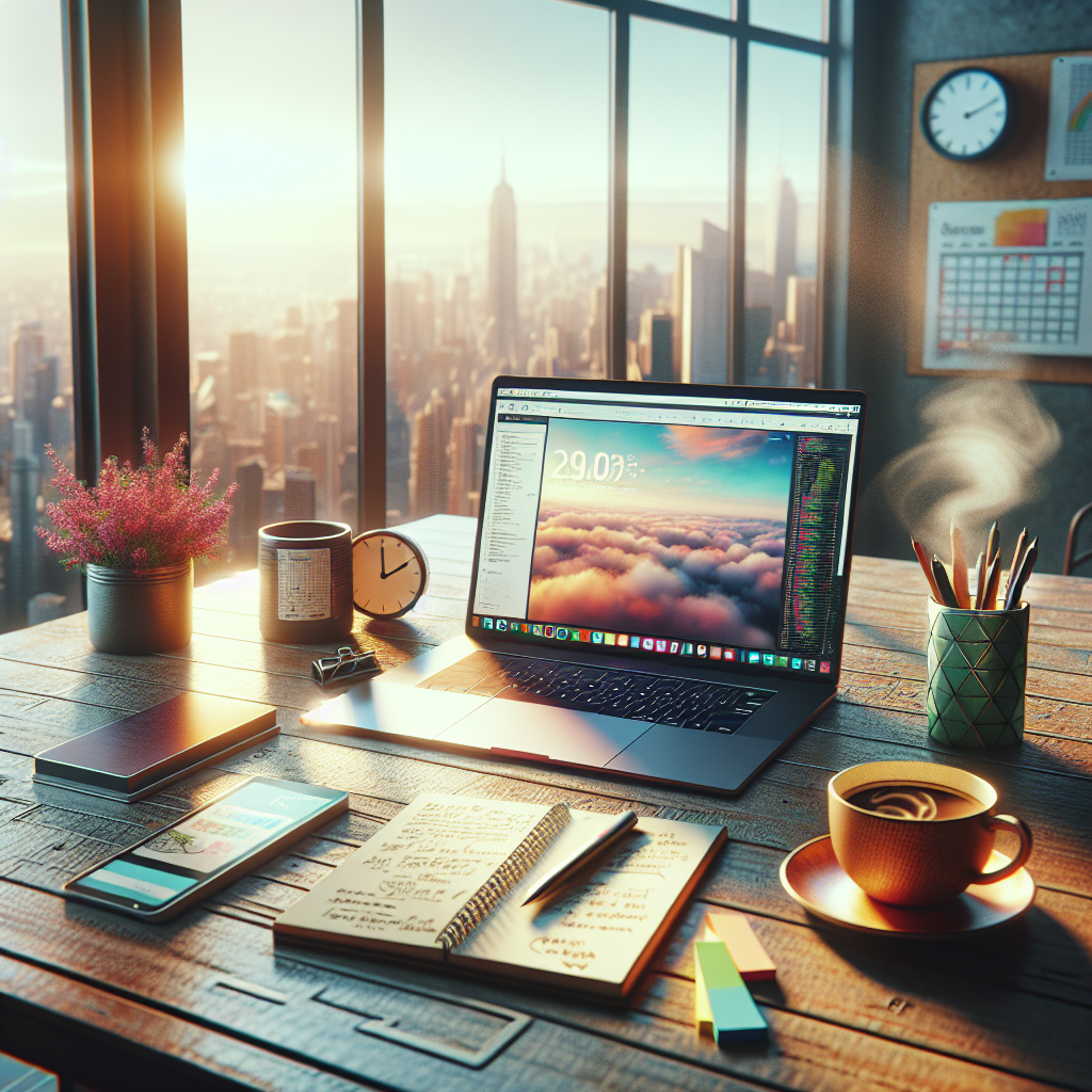 A modern office workstation showcasing a laptop, notepad, coffee cup, and plant.