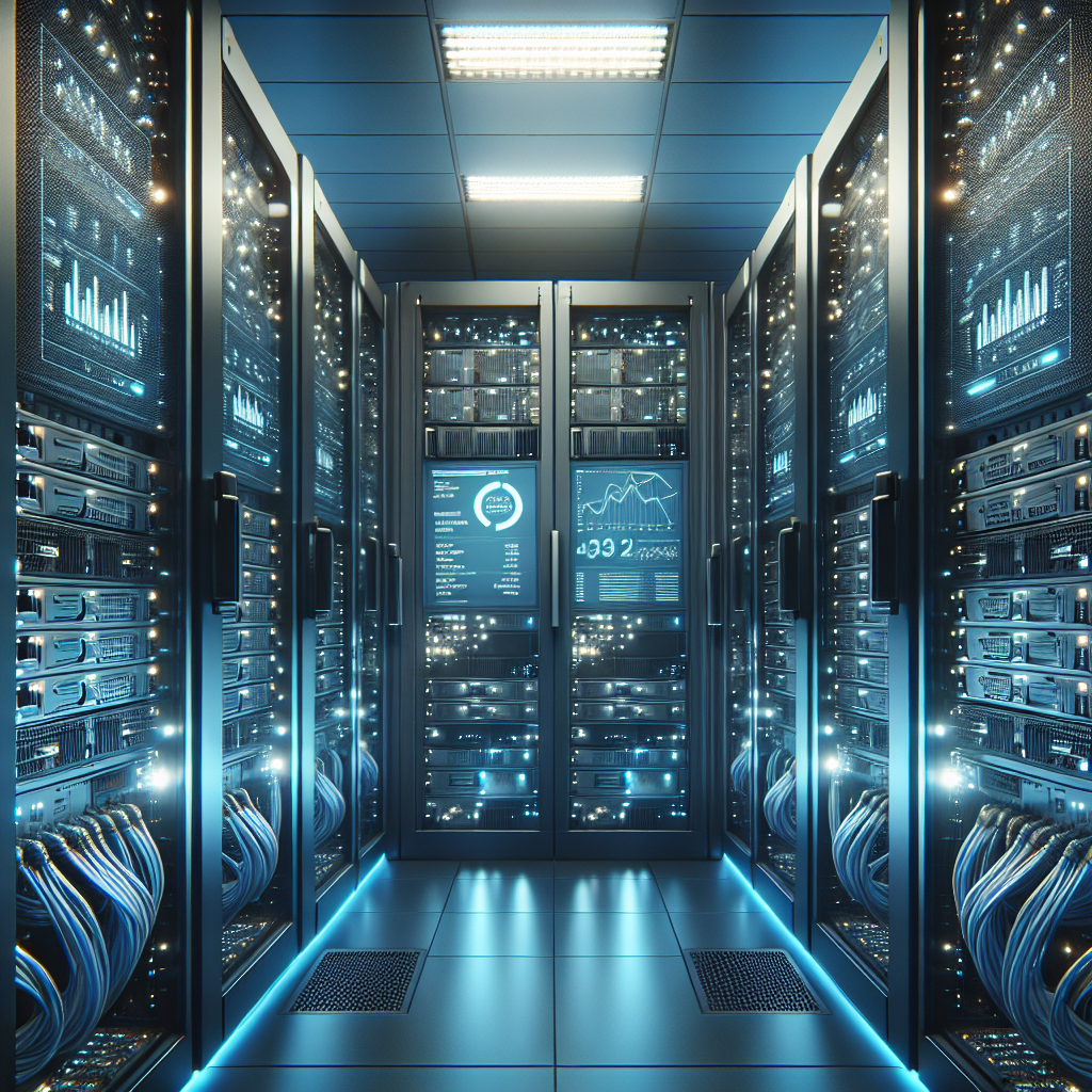 A web hosting server room with rows of servers and a digital display.