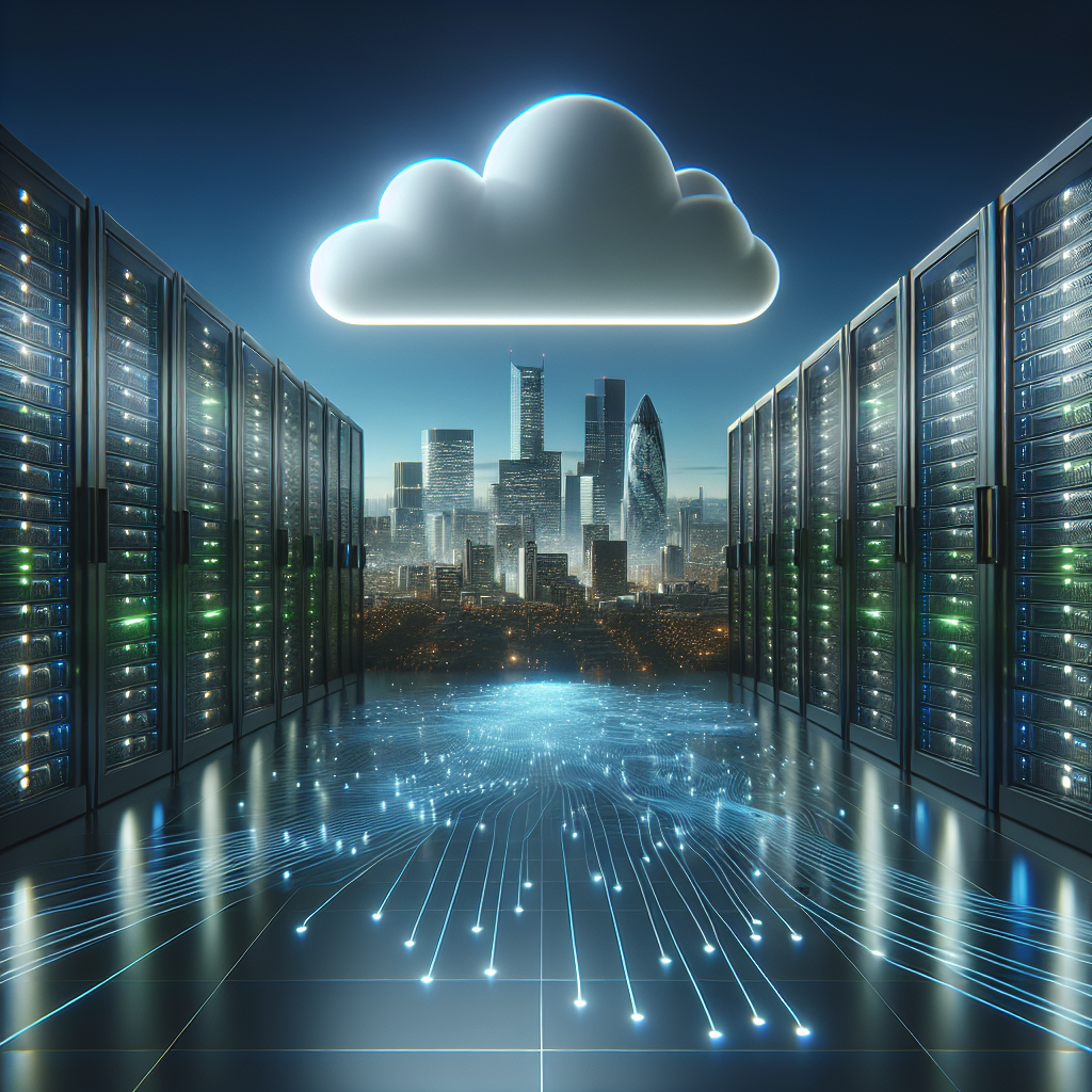 A modern server room with illuminated servers and a stylized cloud representing web hosting services.