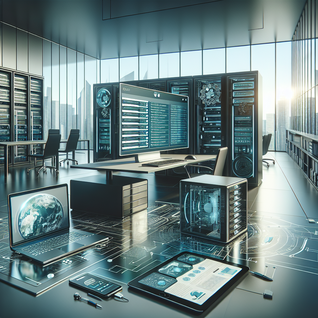 A modern office with a desktop computer showing server information and a cityscape view.