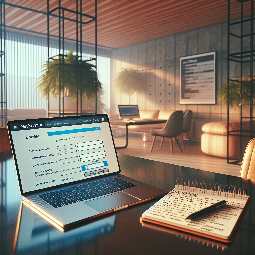 A modern web business setup featuring a laptop, notepad, and stylish office space.