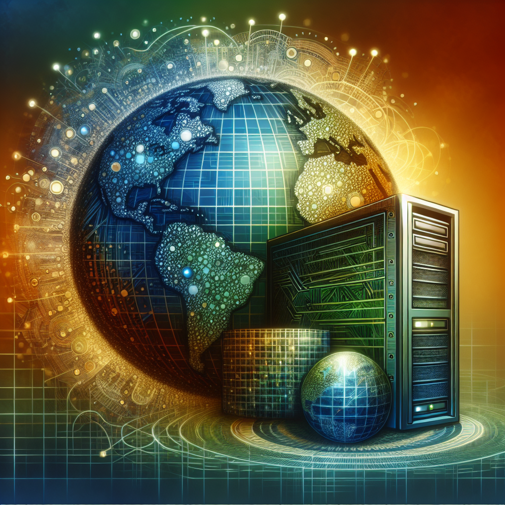 A globe symbolizing the internet with icons for domain names and web hosting.