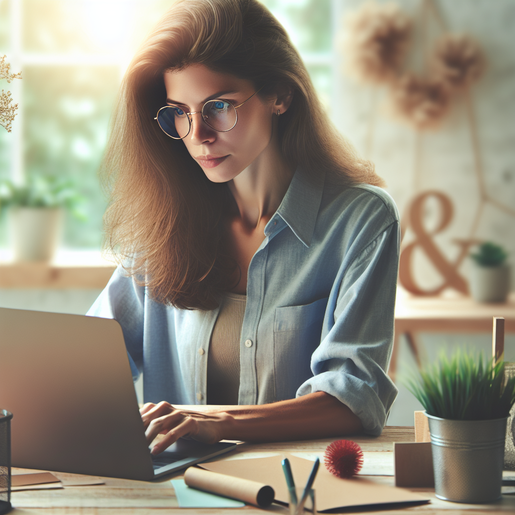 A woman working on a laptop in a cozy office, surrounded by plants, with natural light streaming in.