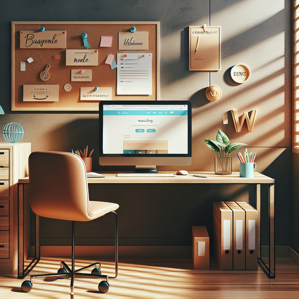 A serene office workspace scene showing a modern desk with a laptop, notepad, and warm lighting.