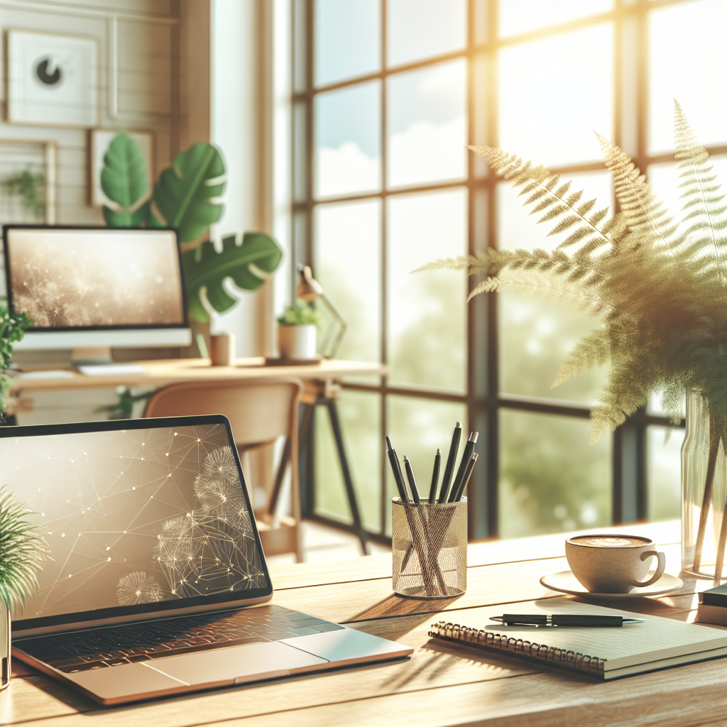 A serene workspace for a startup business with a desk, laptop, and coffee.