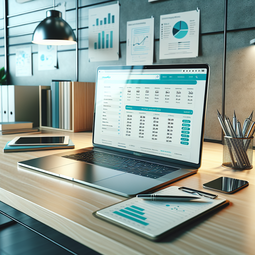 A laptop on a desk surrounded by pricing charts and stationery items.