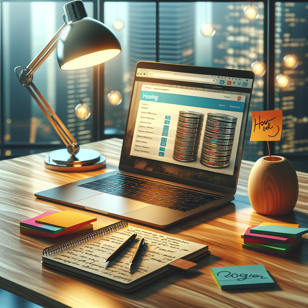 A modern workspace with a laptop, notepad, and sticky notes, depicting a focus on web hosting price comparisons.