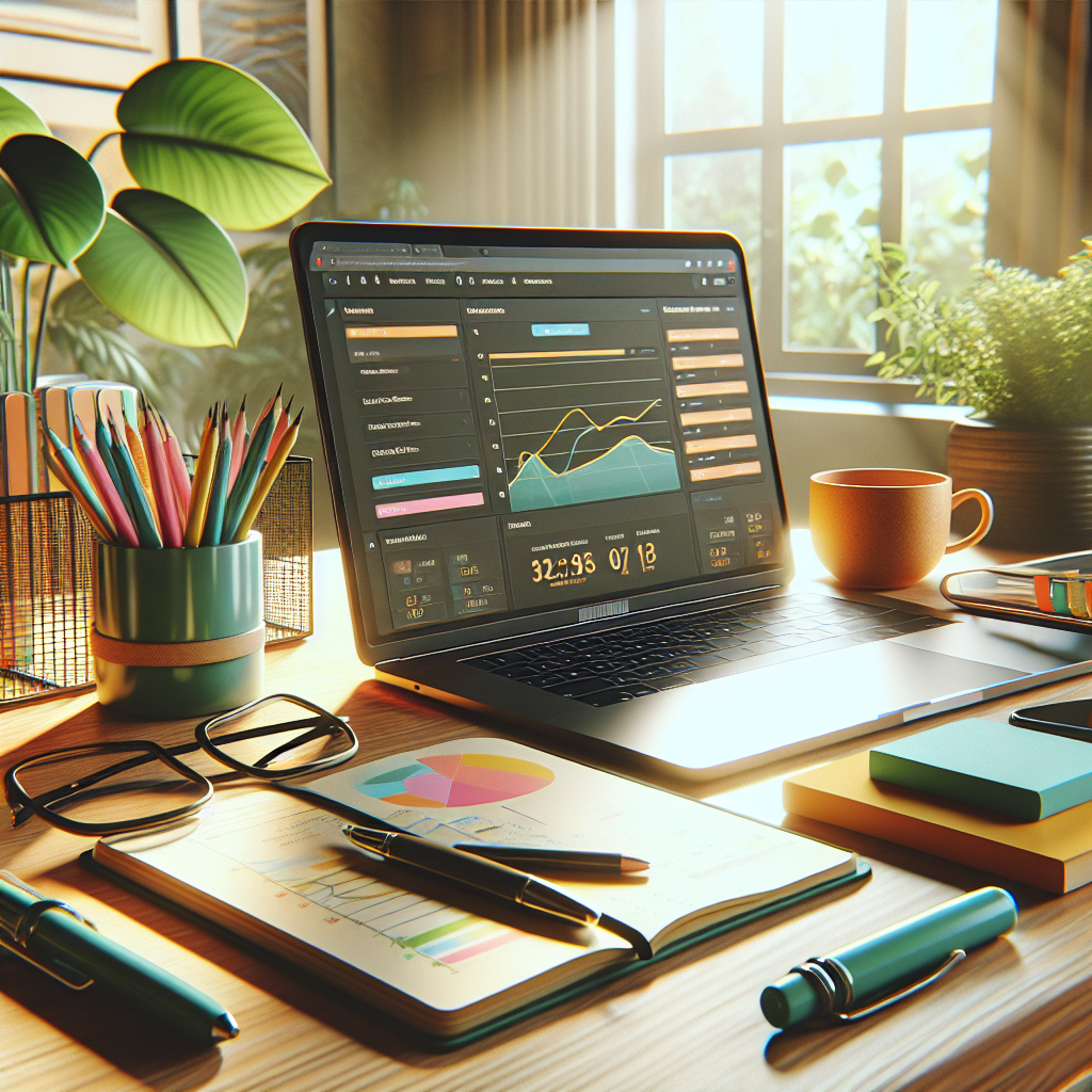 A modern workspace with a laptop, stationery, and warm lighting suitable for web hosting management.
