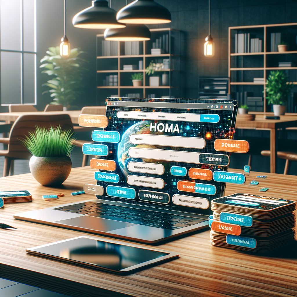 A digital workspace with a laptop, domain name cards, and a modern office background.