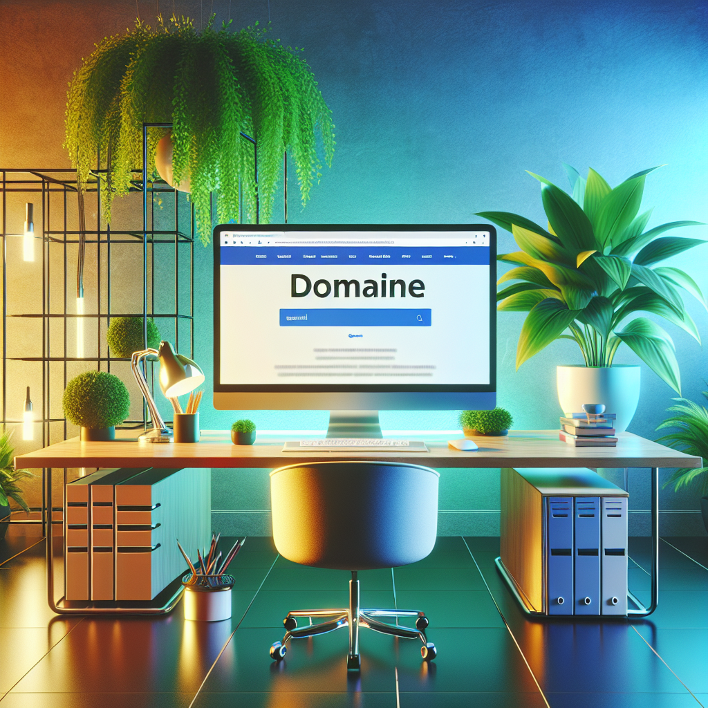 A modern workspace illustrating the importance of domain names, featuring a computer with a webpage and a stylish desk.