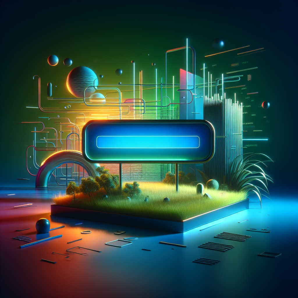 A digital landscape with a floating sign symbolizing a domain name, surrounded by abstract representations of website elements.