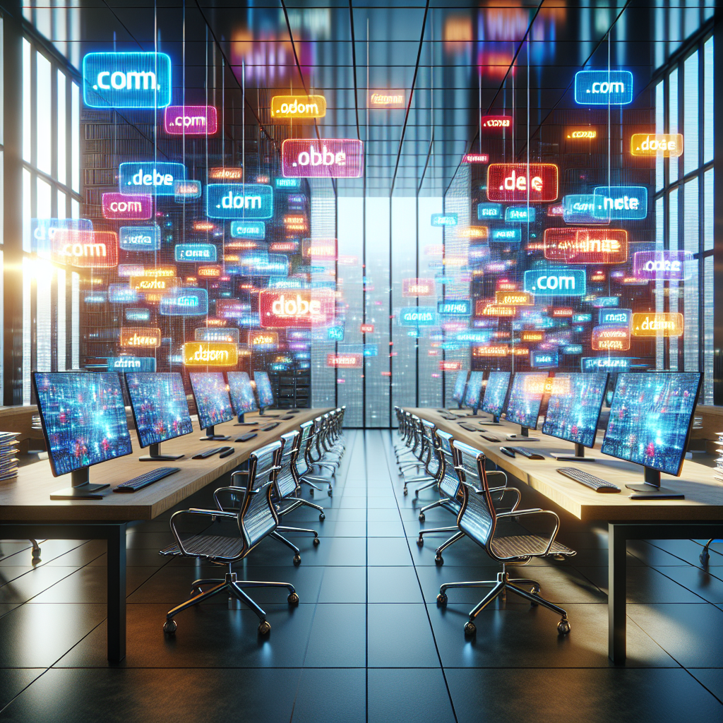 A digital landscape with computer screens showcasing various domain names in a modern office setting.