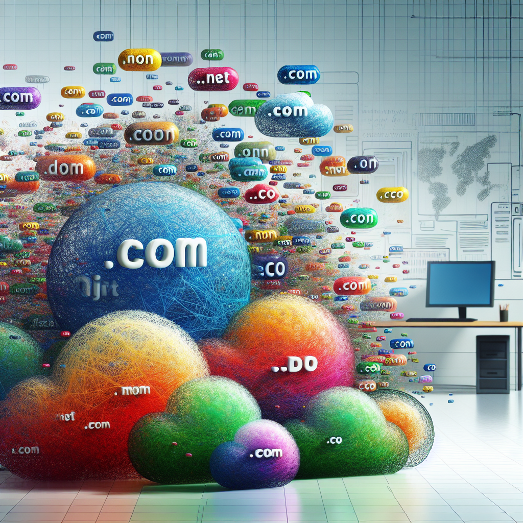 An abstract digital landscape representing cheap domain names with colorful clouds and a modern office setup.