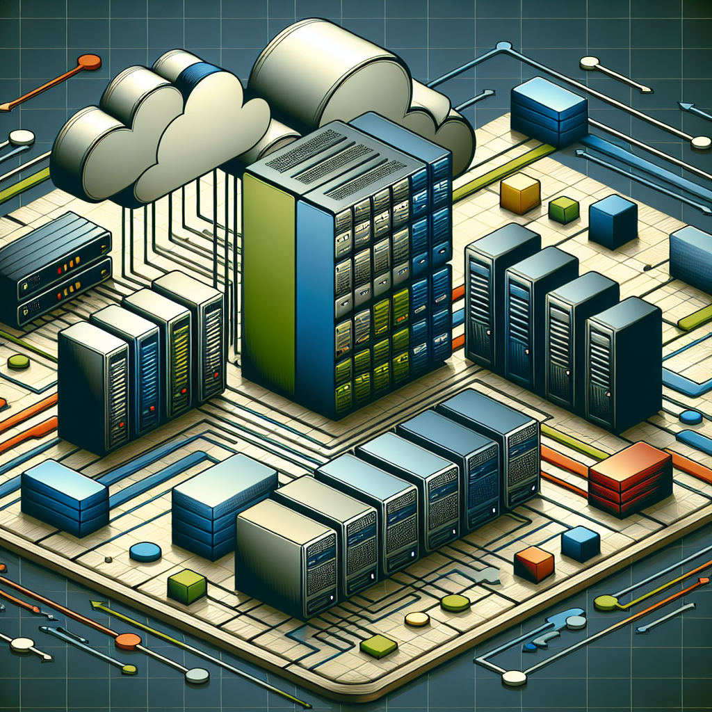 An illustration of various website hosting services, including shared, VPS, dedicated, and cloud hosting depicted through servers and cloud imagery.