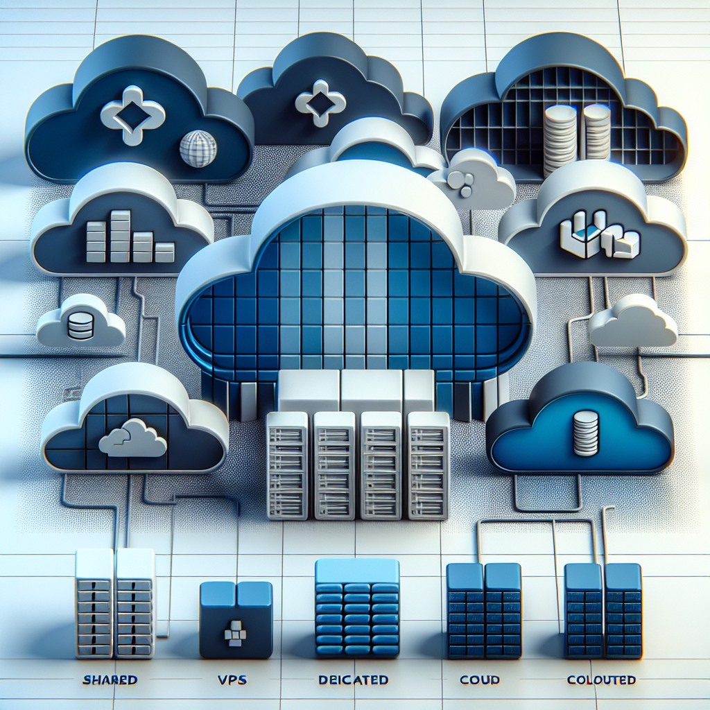 Various types of website hosting services represented by icons of shared, VPS, dedicated, and cloud hosting.