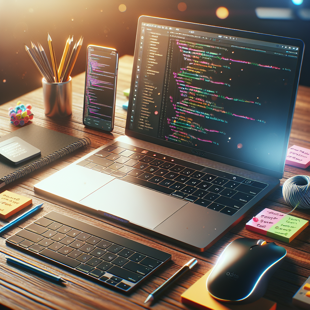 A collection of web development tools including a laptop, smartphone, sticky notes, mechanical keyboard, and mouse on a wooden desk.