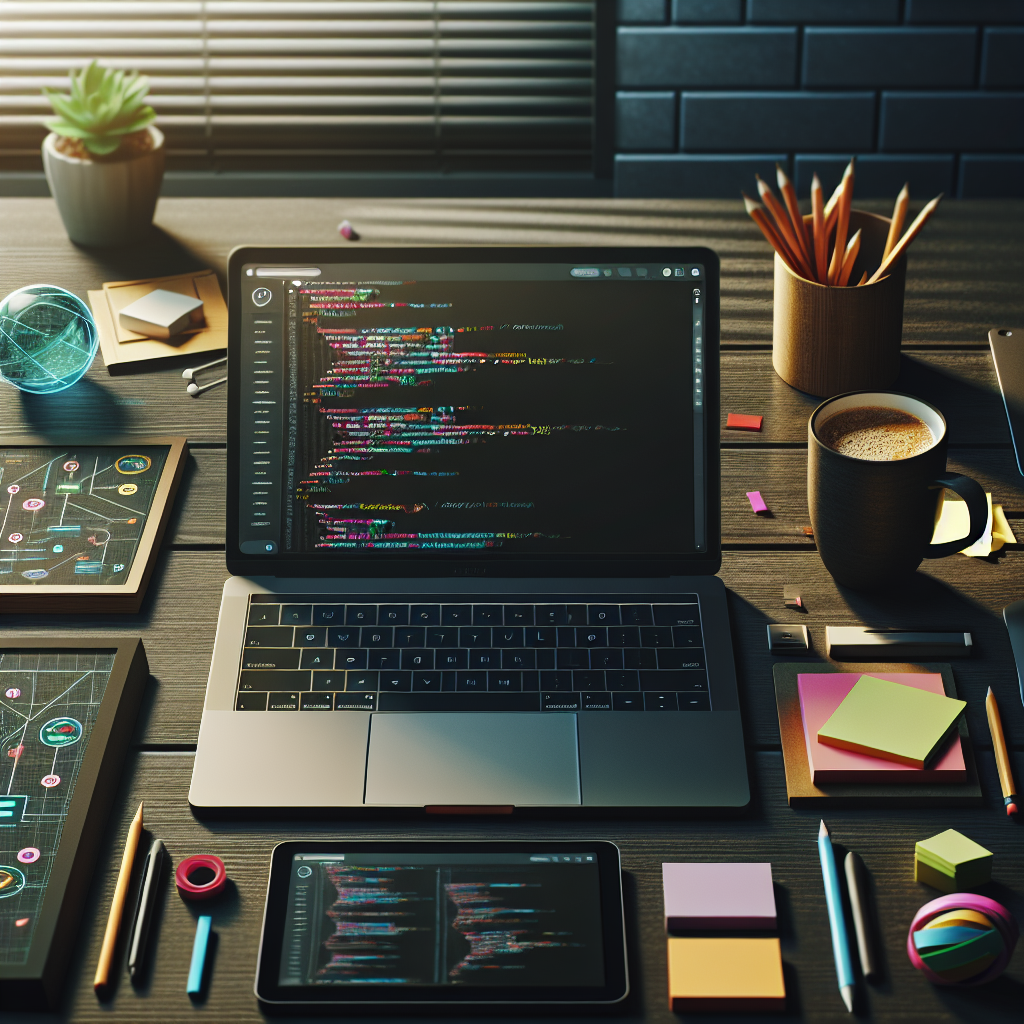 A desk setup showcasing web development tools including a laptop, sticky notes, and a tablet.