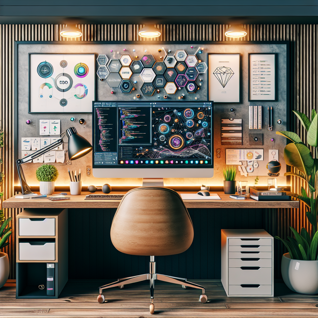 A modern web development workspace with a monitor displaying code and design elements.