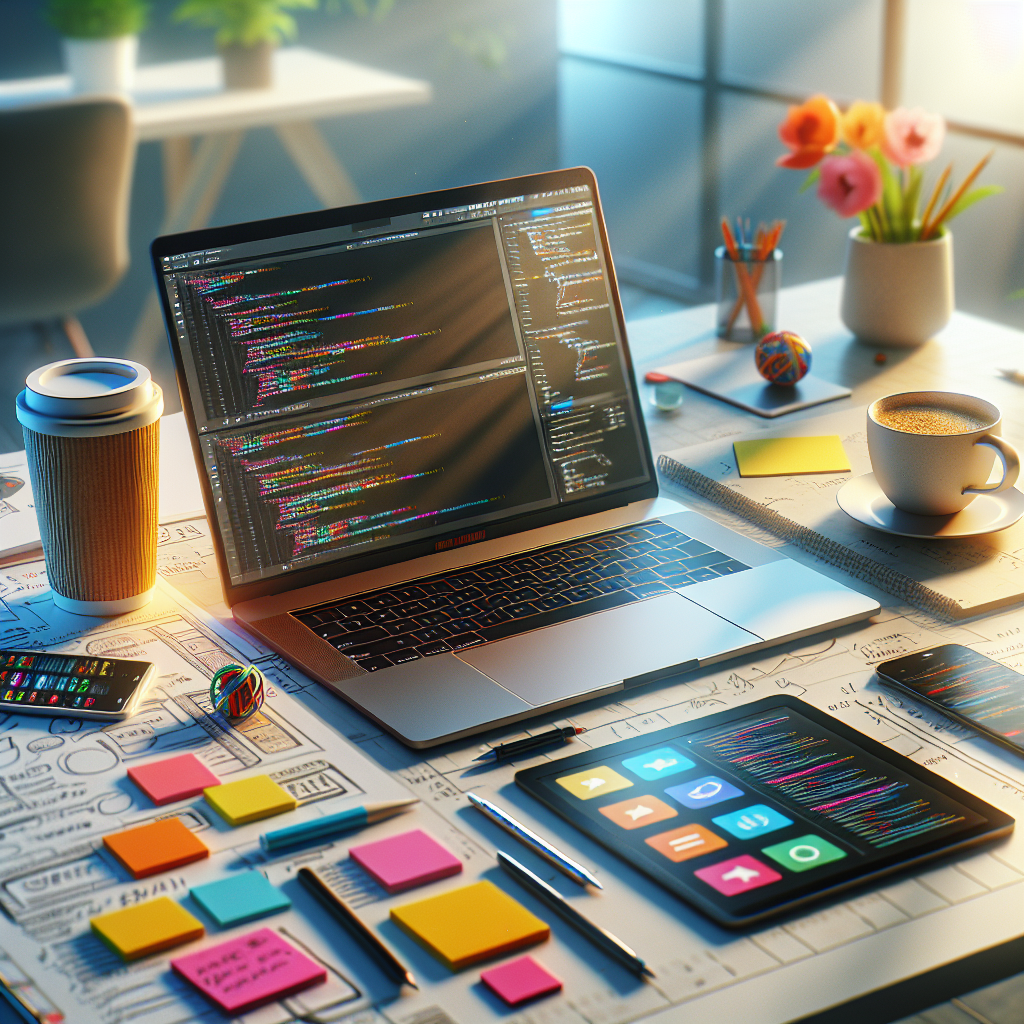 A collection of web development tools on a desk including a laptop, tablet, sticky notes, and coffee.
