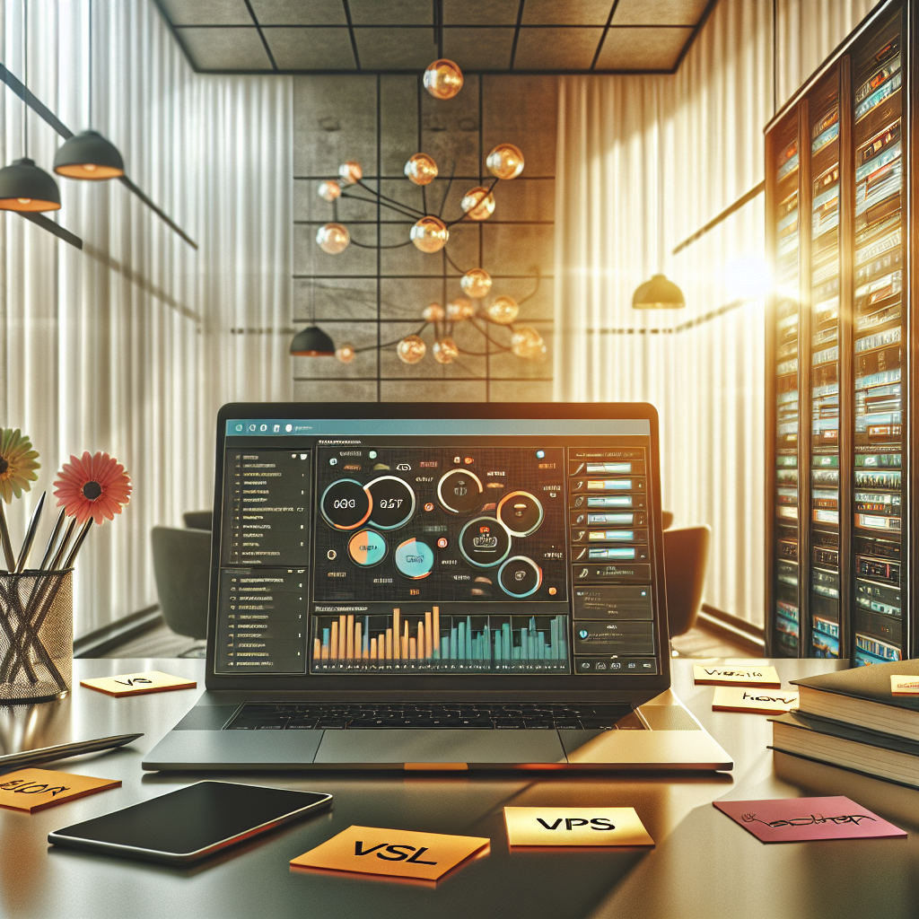 A digital workspace with a laptop and web hosting components.