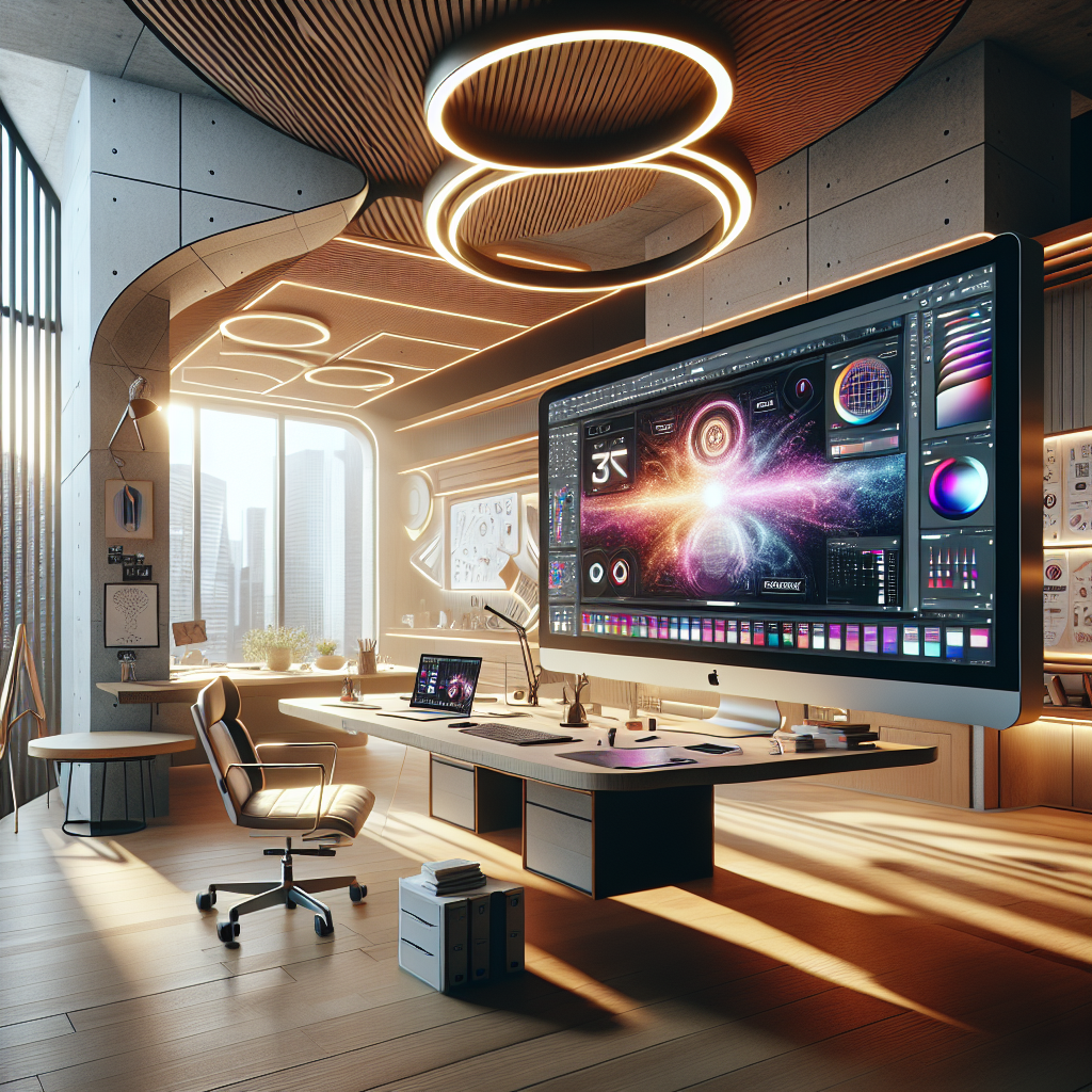 A modern workspace for web design featuring a sleek desk and a monitor with a colorful design interface.