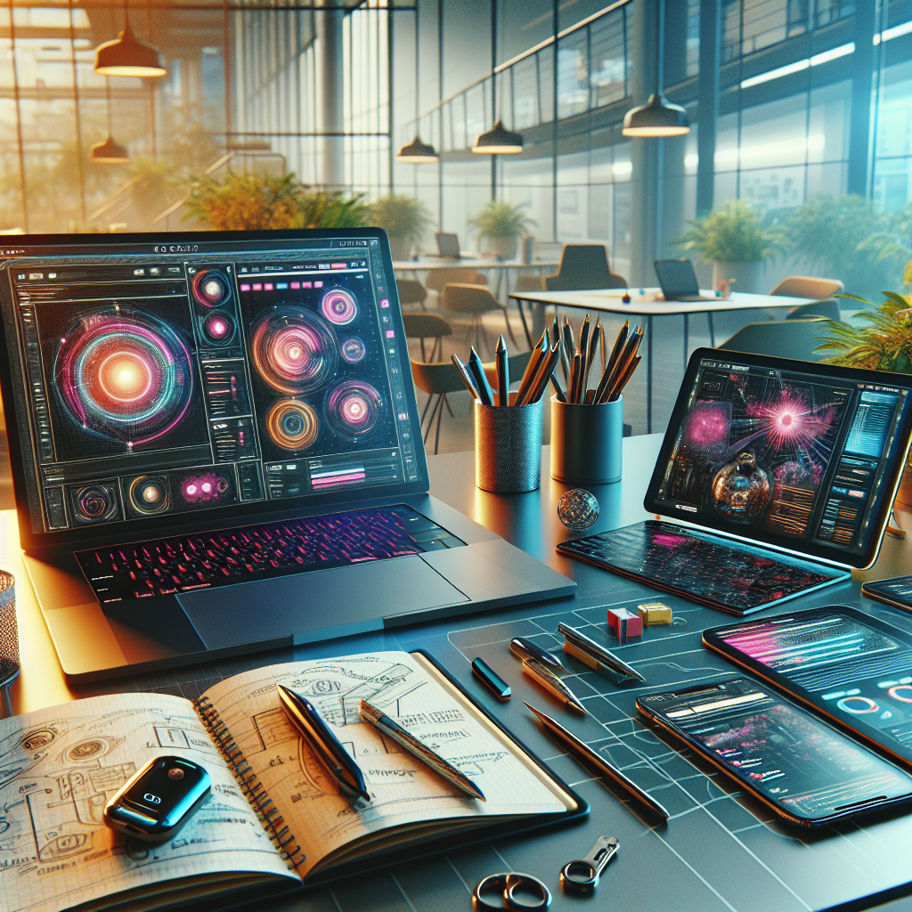 A modern workspace with various website design tools and devices.
