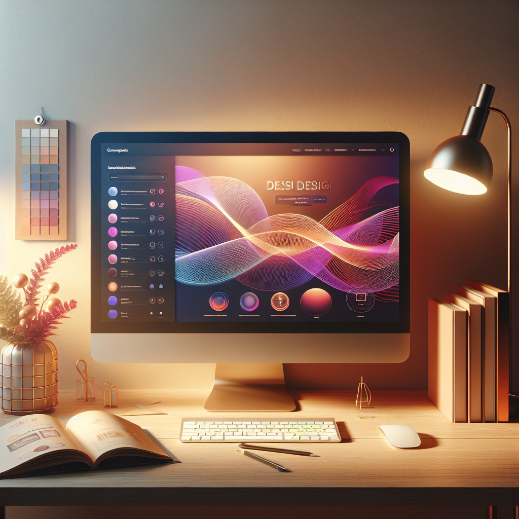 A modern workspace with a computer displaying website design tools.