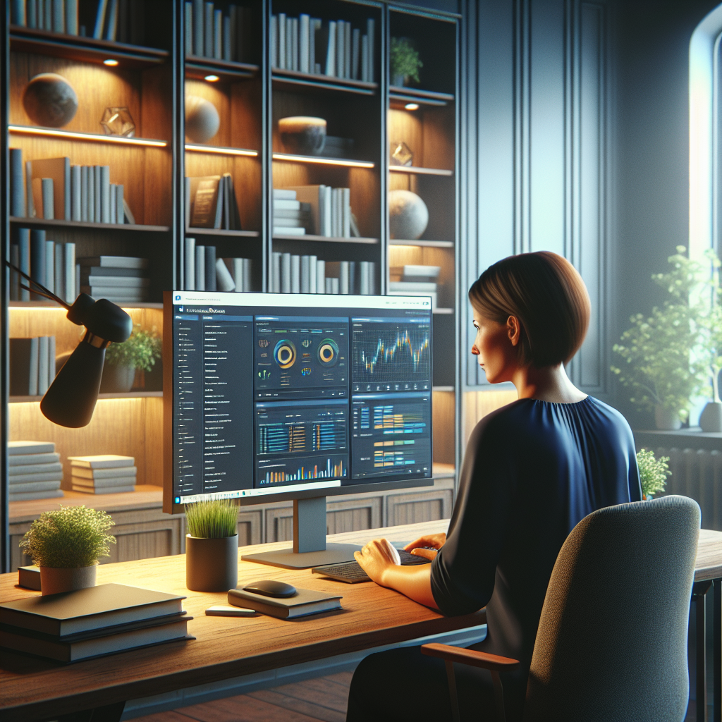A woman reviewing web hosting data in a modern office setting.