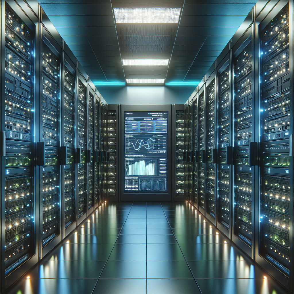 A modern web hosting server room with black server racks and digital performance metrics.