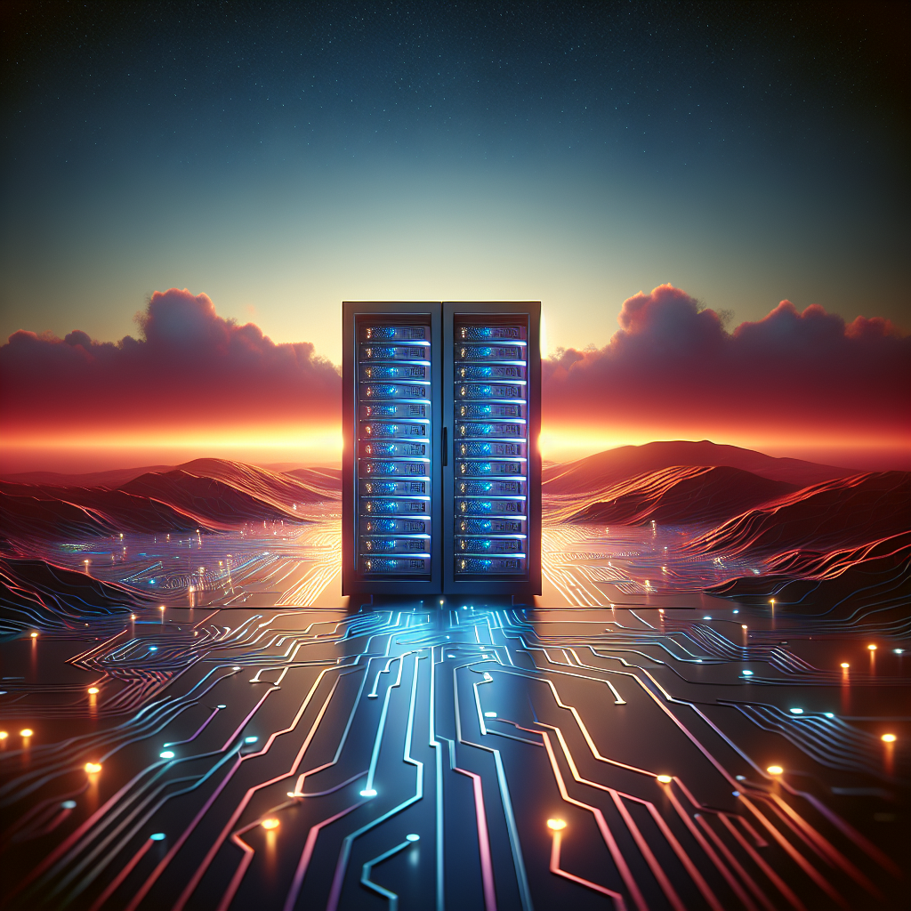 A digital landscape representing web hosting services with a server rack and a gradient sky.