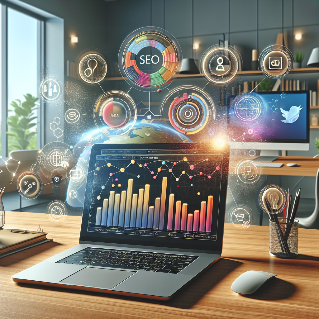 A vibrant digital marketing workspace with a laptop and colorful charts.