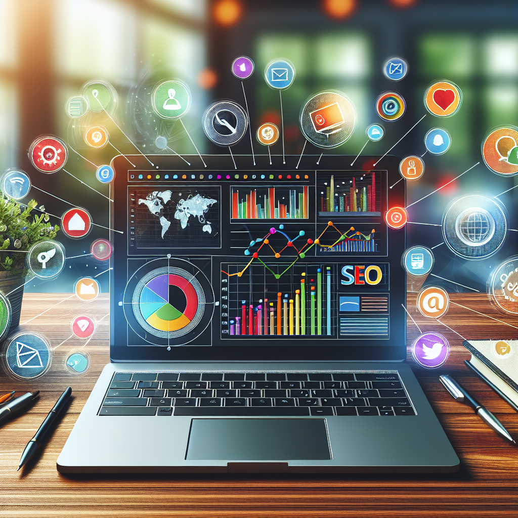 A laptop displaying marketing analytics surrounded by colorful digital marketing icons in an office setting.